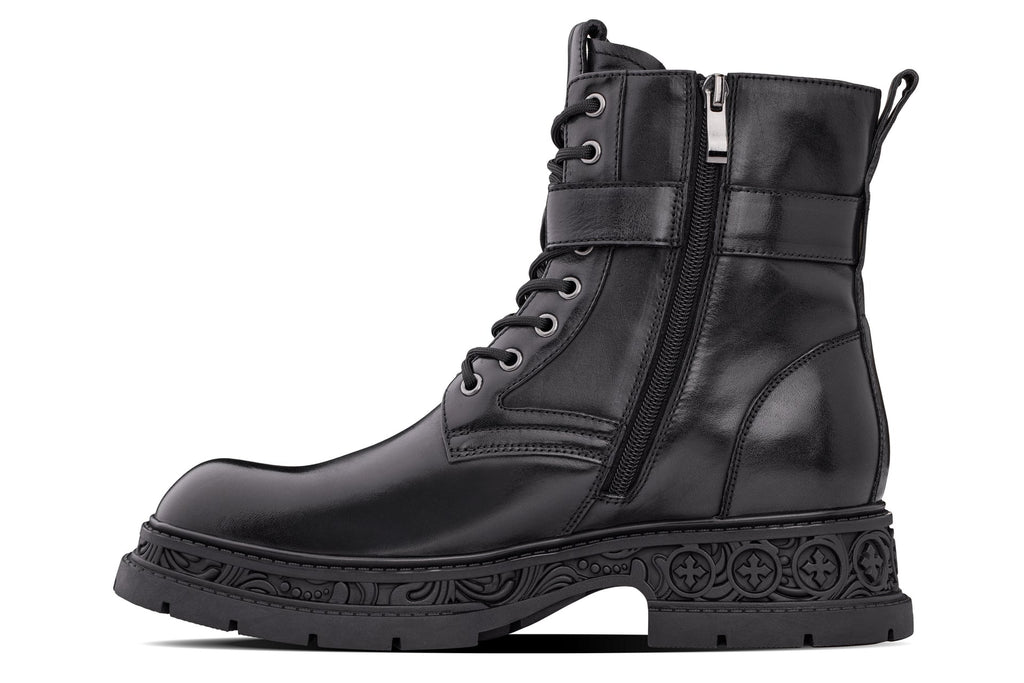 TOTO - W0661 - 3.2 Inches Taller (Black) - Chunky Sole Biker Style High Top Zipper Boot - Tigbul's Variety Fashion Shop