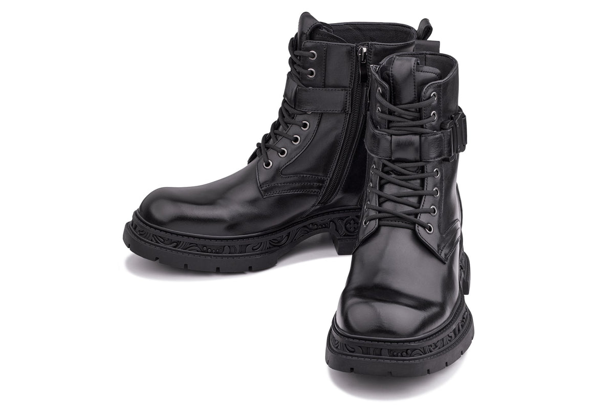 TOTO - W0661 - 3.2 Inches Taller (Black) - Chunky Sole Biker Style High Top Zipper Boot - Tigbul's Variety Fashion Shop