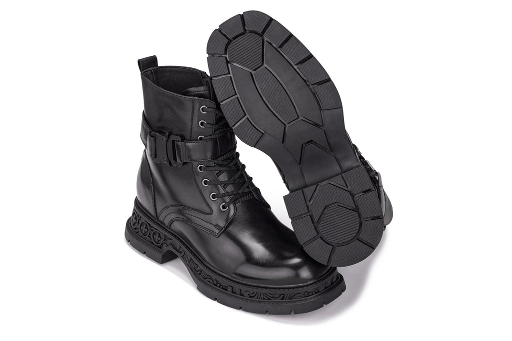 TOTO - W0661 - 3.2 Inches Taller (Black) - Chunky Sole Biker Style High Top Zipper Boot - Tigbul's Variety Fashion Shop