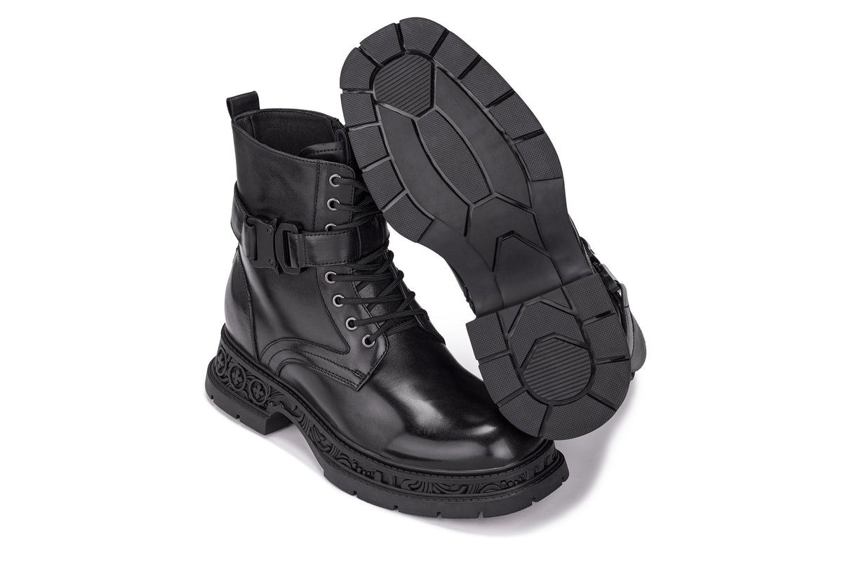 TOTO - W0661 - 3.2 Inches Taller (Black) - Chunky Sole Biker Style High Top Zipper Boot - Tigbul's Variety Fashion Shop