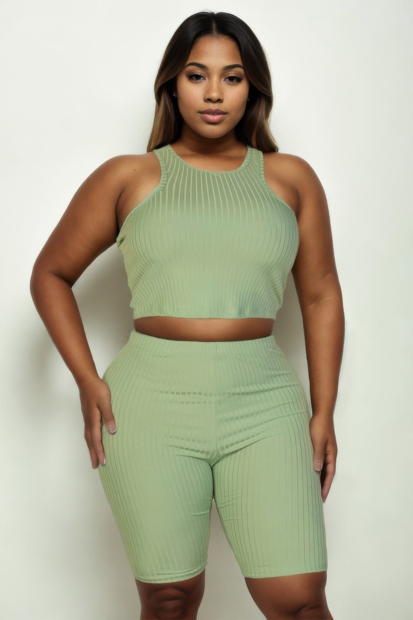 Plus Size Ribbed Cropped Tank Top And Biker Shorts Set - Tigbul's Variety Fashion Shop