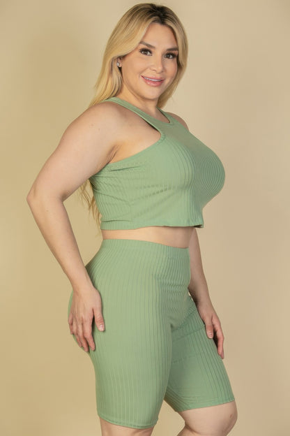 Plus Size Ribbed Cropped Tank Top And Biker Shorts Set - Tigbul's Variety Fashion Shop