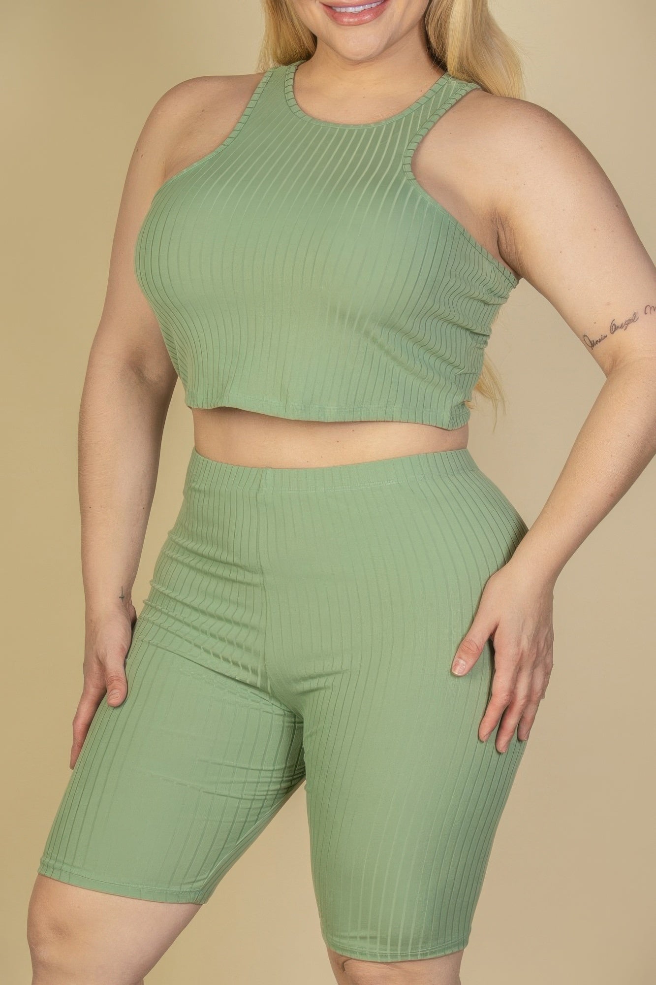 Plus Size Ribbed Cropped Tank Top And Biker Shorts Set - Tigbul's Variety Fashion Shop