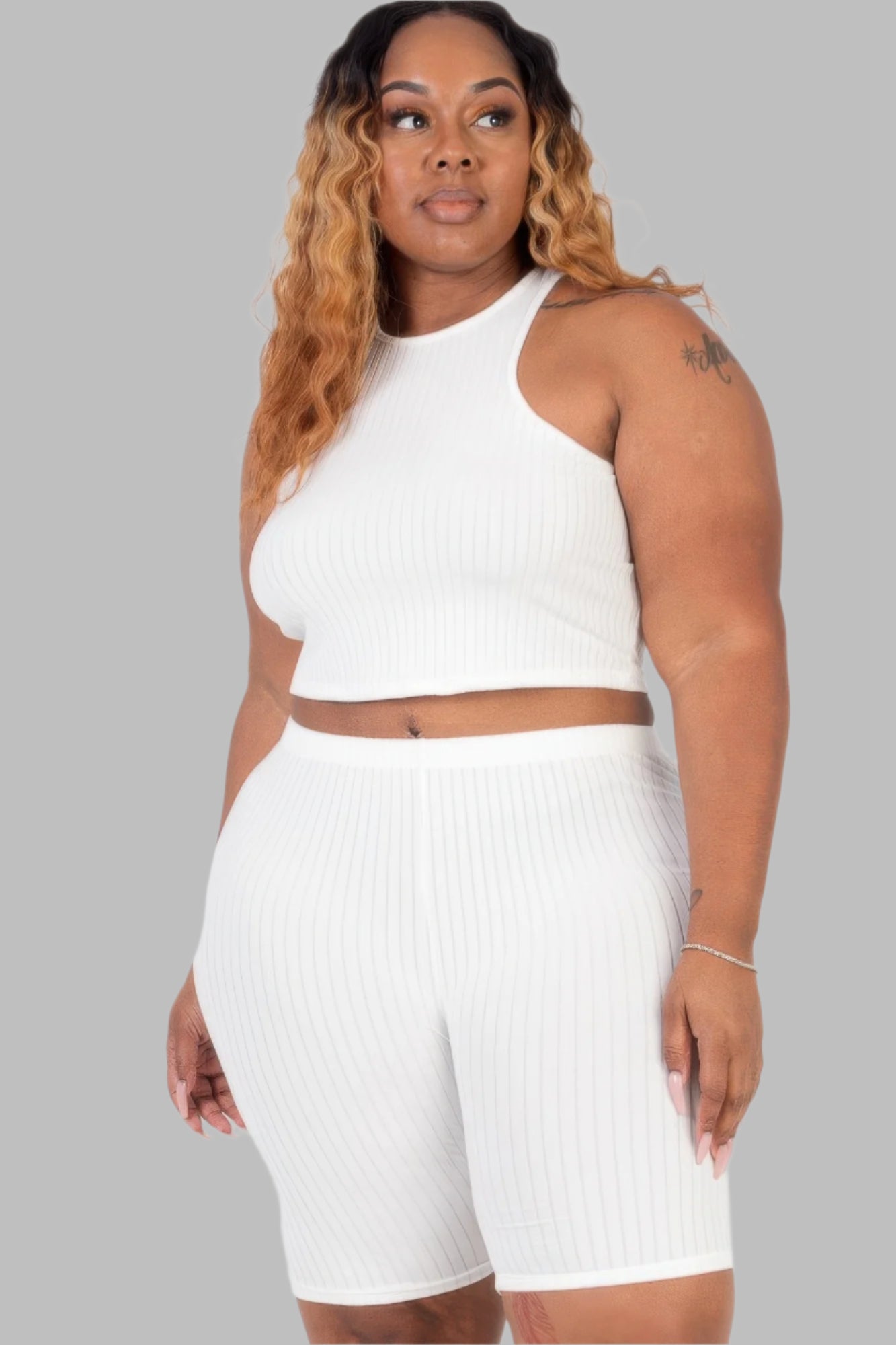 Plus Size Ribbed Cropped Tank Top And Biker Shorts Set - Tigbul's Variety Fashion Shop