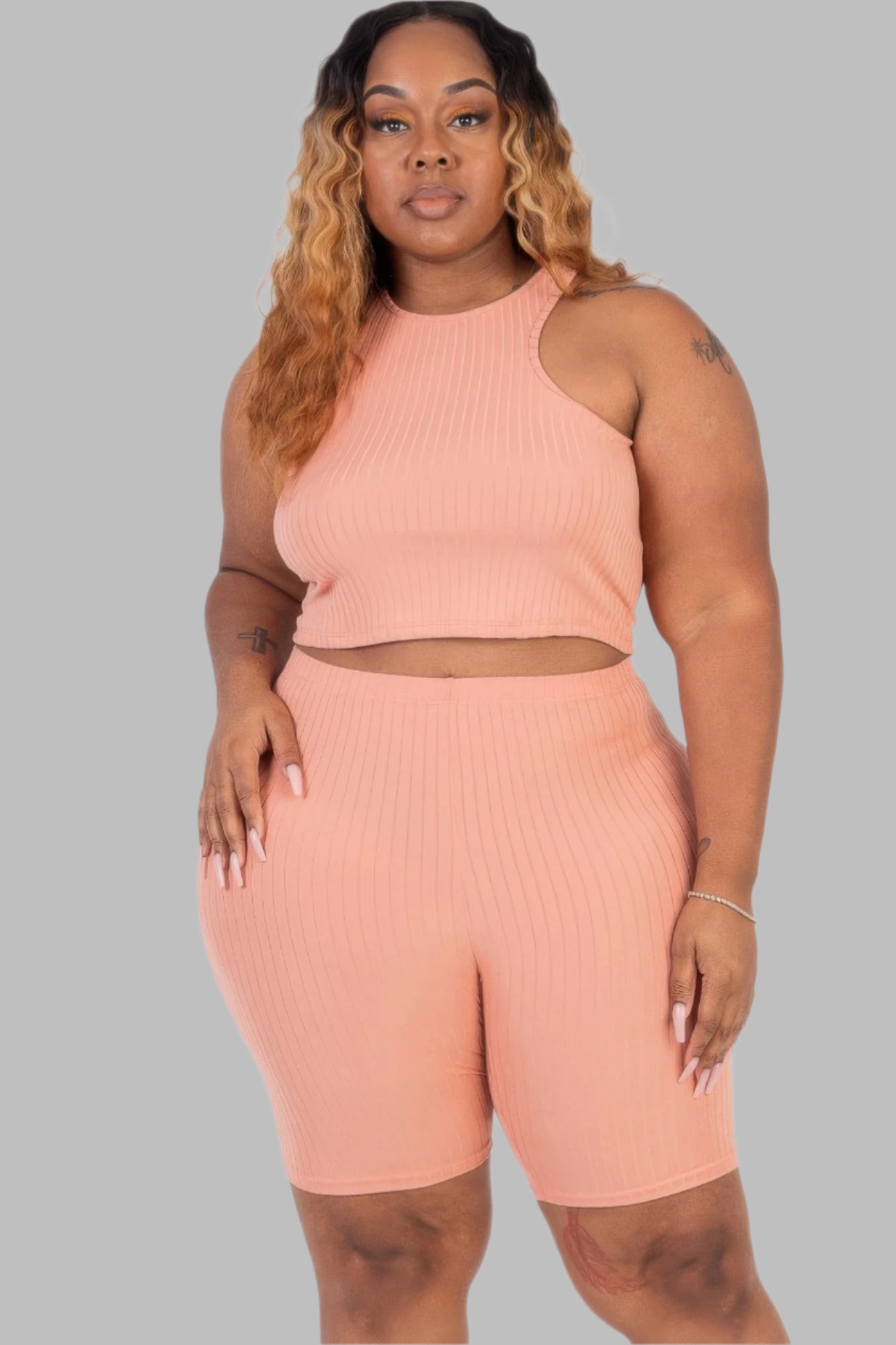 Plus Size Ribbed Cropped Tank Top And Biker Shorts Set - Tigbul's Variety Fashion Shop