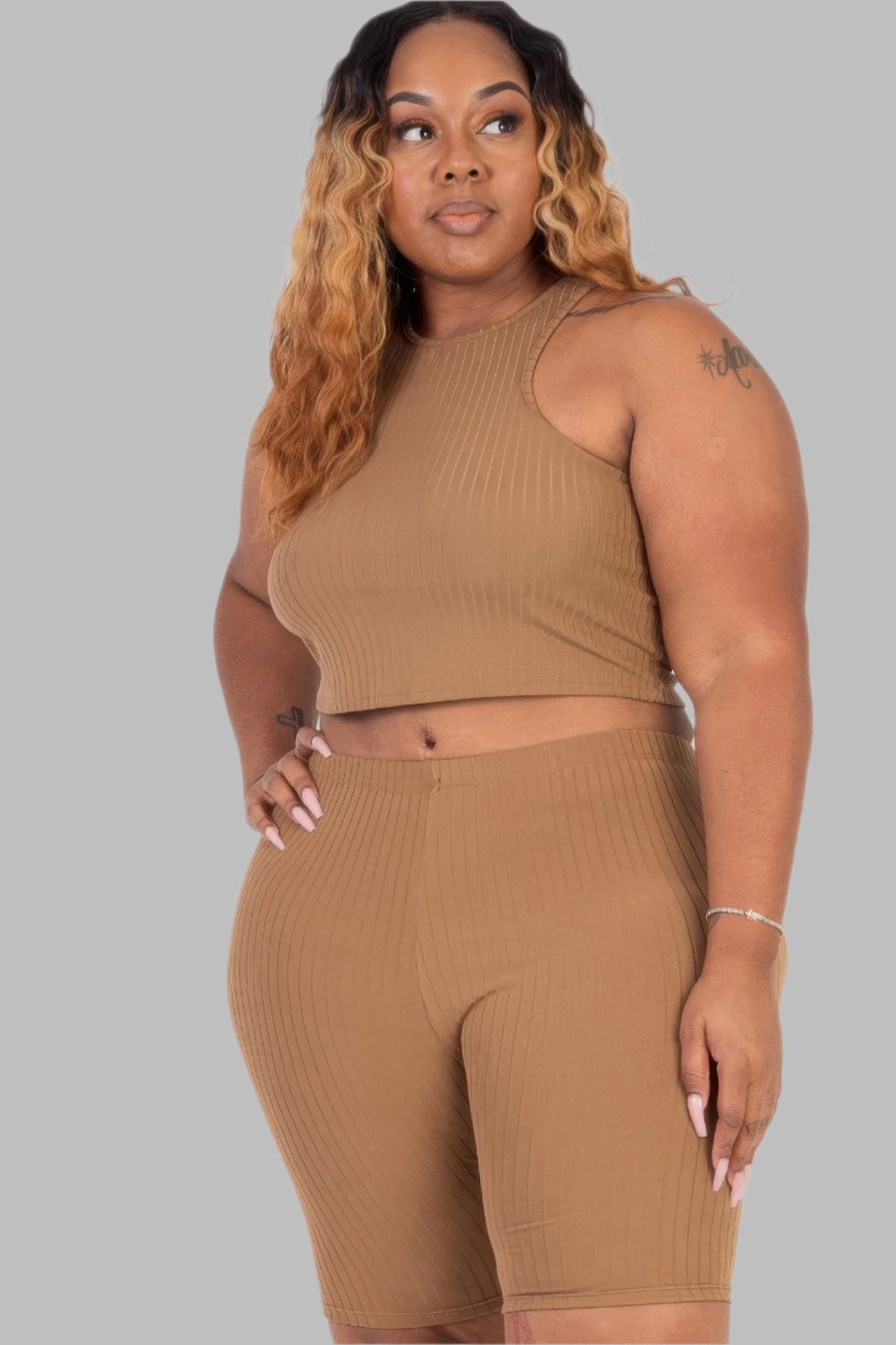 Plus Size Ribbed Cropped Tank Top And Biker Shorts Set - Tigbul's Variety Fashion Shop