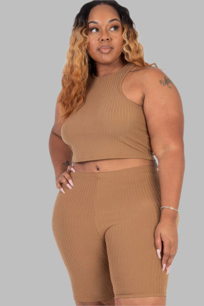 Plus Size Ribbed Cropped Tank Top And Biker Shorts Set - Tigbul's Variety Fashion Shop