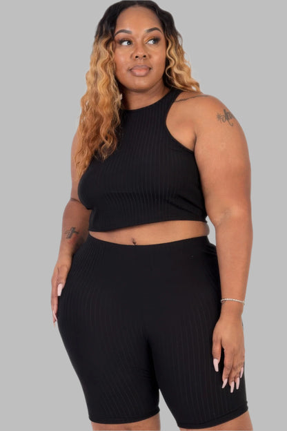 Plus Size Ribbed Cropped Tank Top And Biker Shorts Set - Tigbul's Variety Fashion Shop