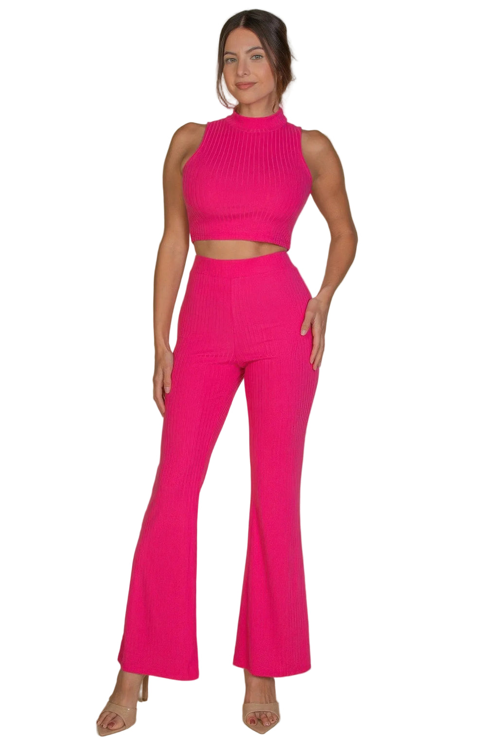 Ribbed Mock Neck Crop Tank Top & Bootcut Pants Set | Tigbuls