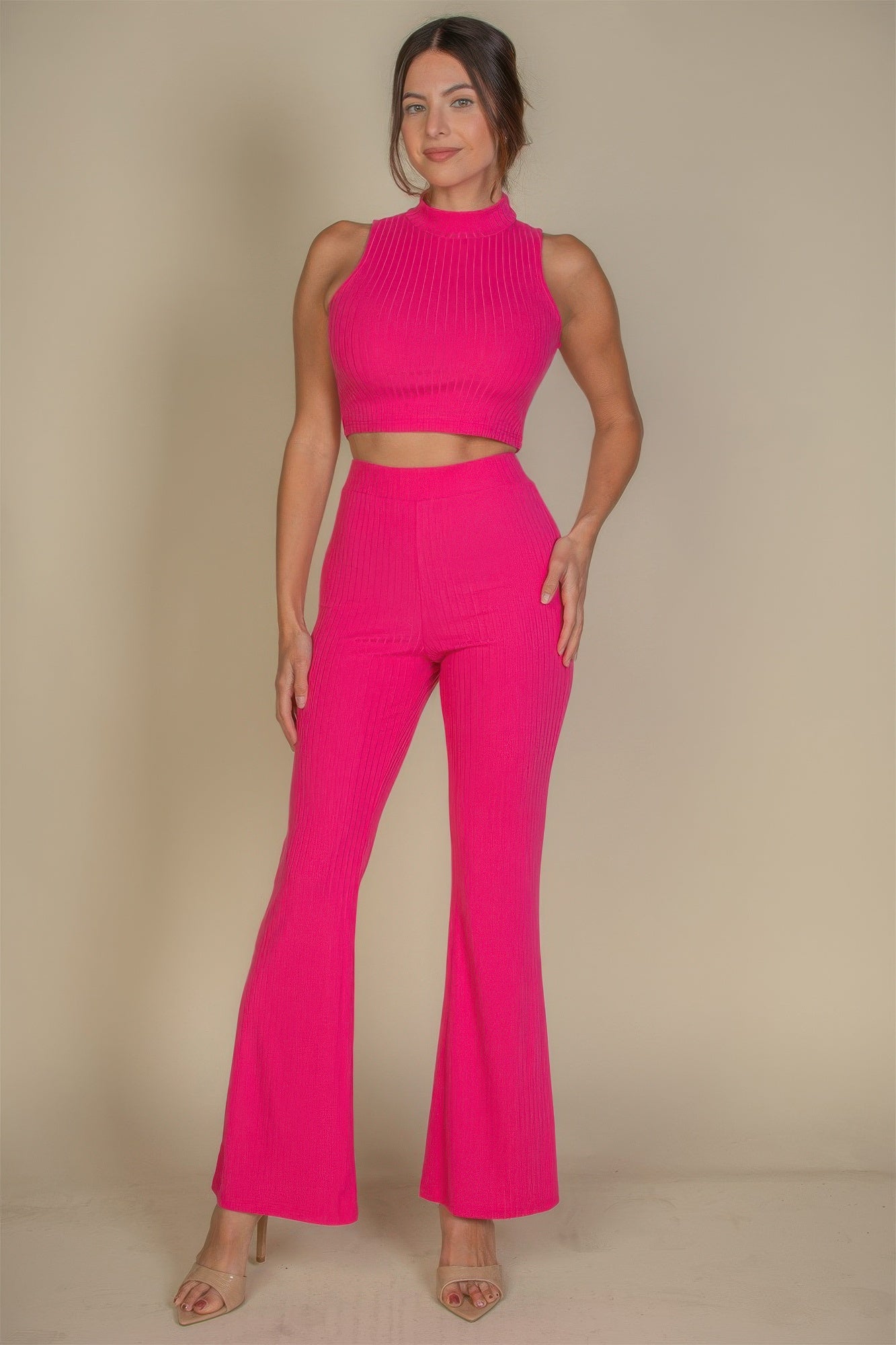 Ribbed Mock Neck Crop Tank Top & Bootcut Pants Set - Tigbul's Variety Fashion Shop