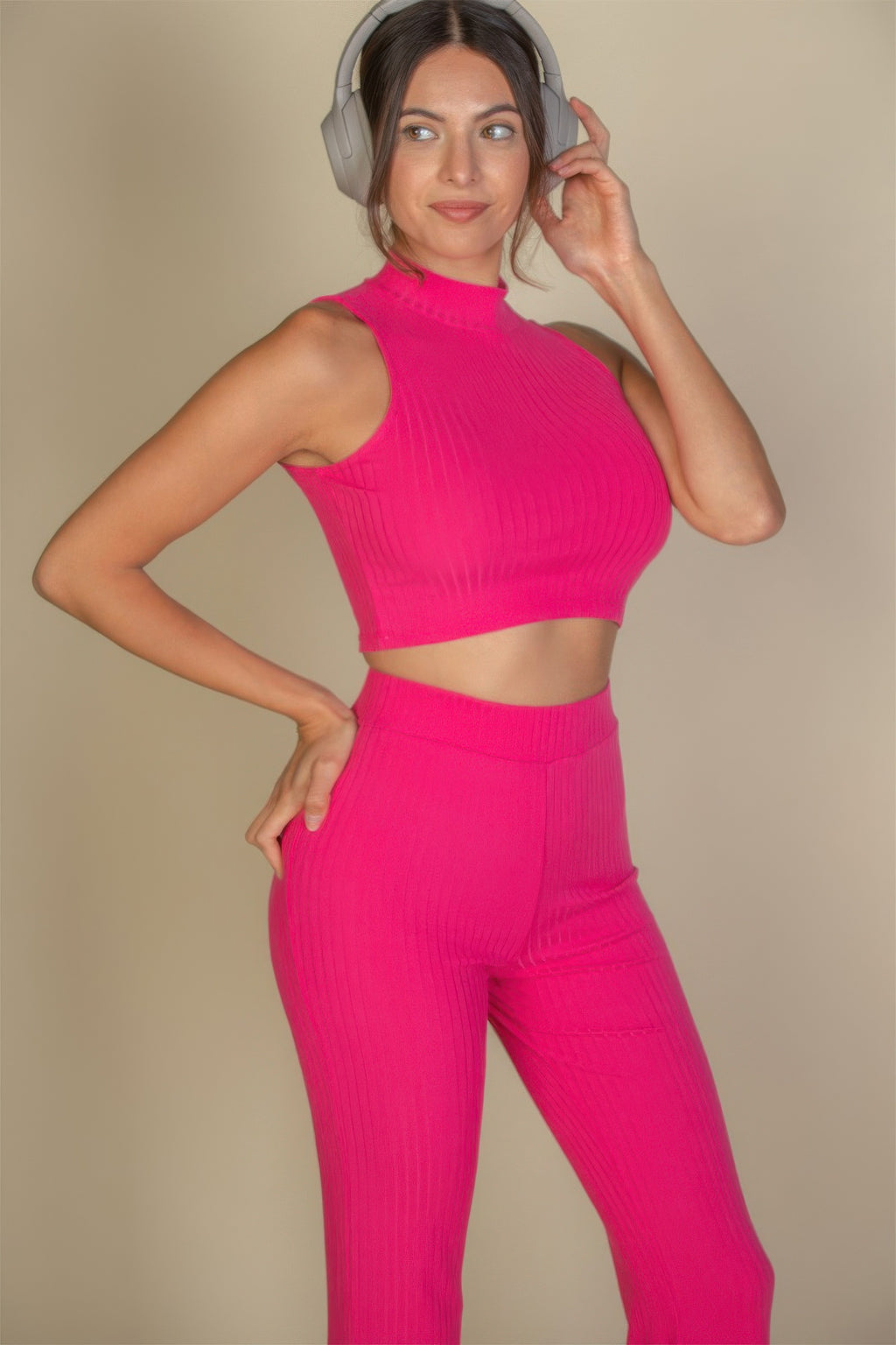 Ribbed Mock Neck Crop Tank Top & Bootcut Pants Set | Tigbuls