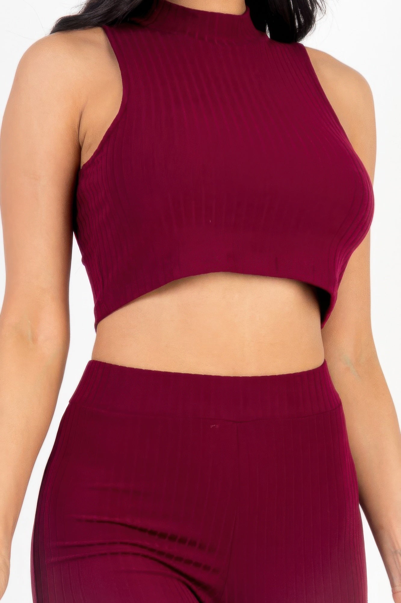 Ribbed Mock Neck Crop Tank Top & Bootcut Pants Set | Tigbuls