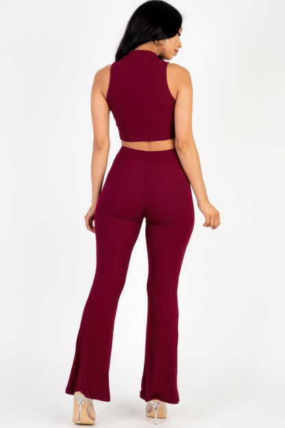 Ribbed Mock Neck Crop Tank Top & Bootcut Pants Set - Tigbul's Variety Fashion Shop