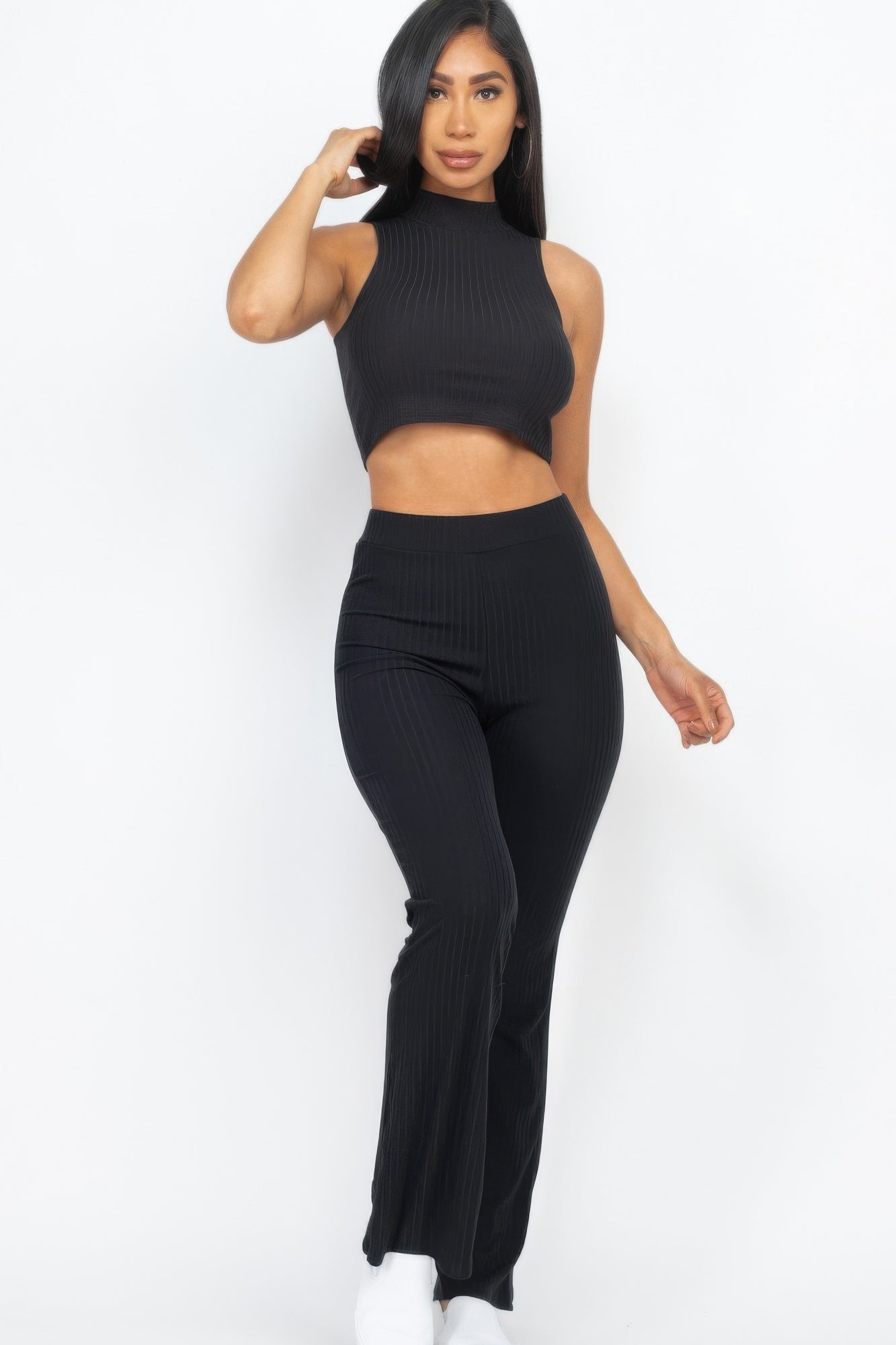 Ribbed Mock Neck Crop Tank Top & Bootcut Pants Set - Tigbul's Variety Fashion Shop