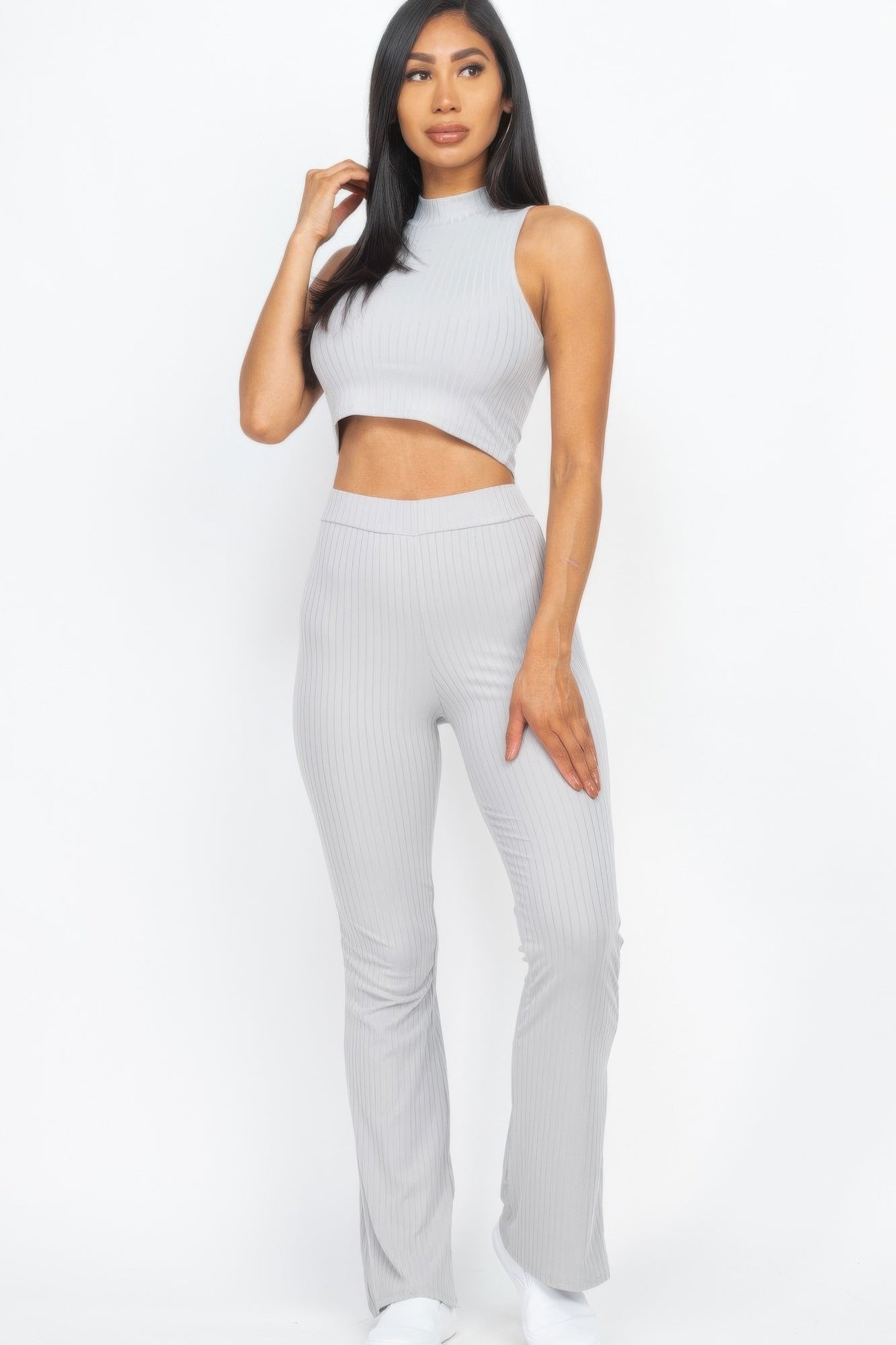 Ribbed Mock Neck Crop Tank Top & Bootcut Pants Set - Tigbul's Variety Fashion Shop