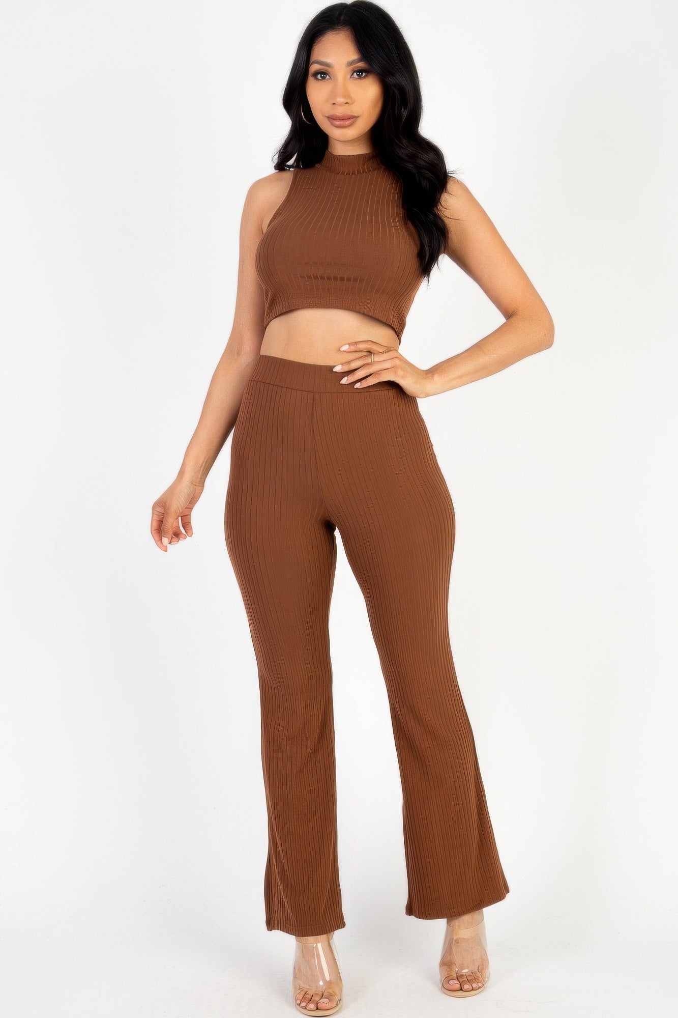 Ribbed Mock Neck Crop Tank Top & Bootcut Pants Set - Tigbul's Variety Fashion Shop