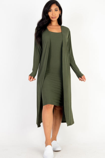 Ribbed Cardigan & Cami Midi Bodycon Dress - Tigbul's Variety Fashion Shop