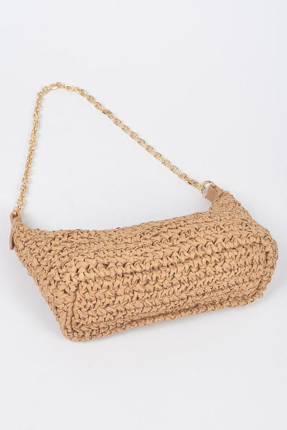 Faux Straw Zip Chain Shoulder Clutch - Tigbul's Variety Fashion Shop