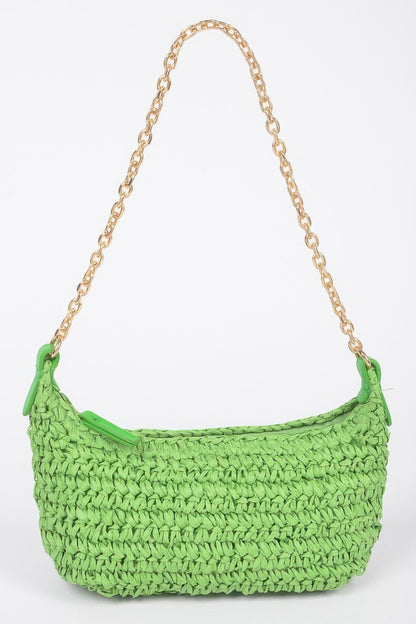Faux Straw Zip Chain Shoulder Clutch - Tigbul's Variety Fashion Shop