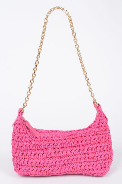 Faux Straw Zip Chain Shoulder Clutch - Tigbul's Variety Fashion Shop