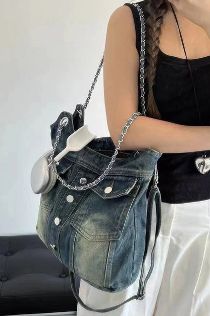 Washed Denim Double Pockets Tote Bag - Tigbul's Variety Fashion Shop