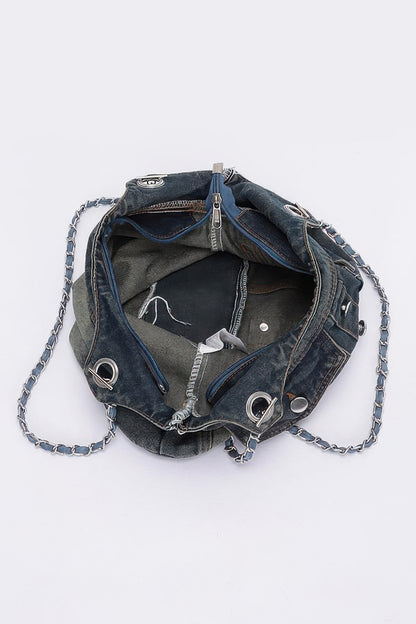 Washed Denim Double Pockets Tote Bag - Tigbul's Variety Fashion Shop