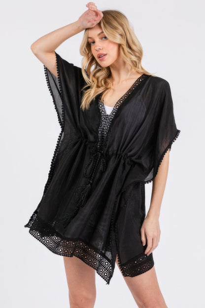 Black Crochet Trim And Front Drawstring Poncho - Tigbul's Variety Fashion Shop