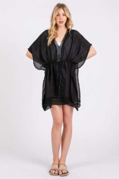 Black Crochet Trim And Front Drawstring Poncho - Tigbul's Variety Fashion Shop