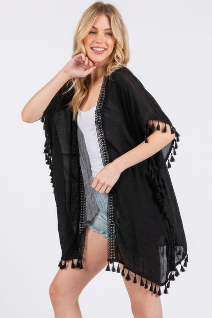 Crochet And Tassel Trim Cover Up - Tigbul's Variety Fashion Shop