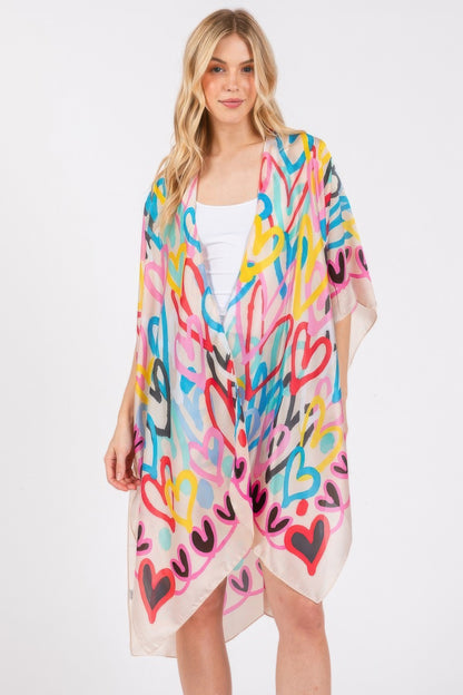 Multi Colored Heart Print Silky Feel Kimono - Tigbul's Variety Fashion Shop