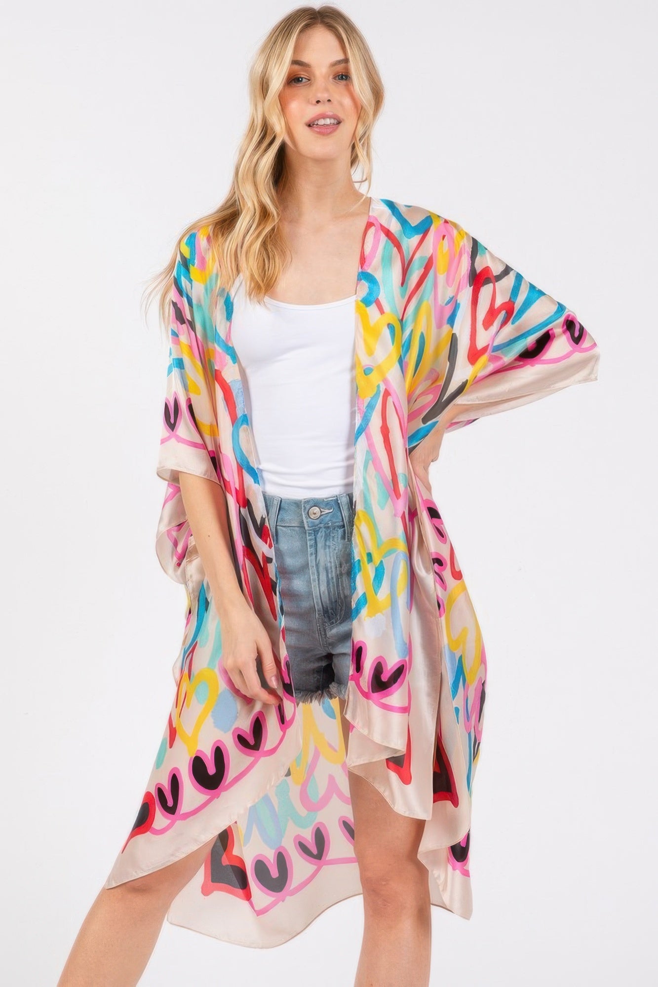 Multi Colored Heart Print Silky Feel Kimono - Tigbul's Variety Fashion Shop