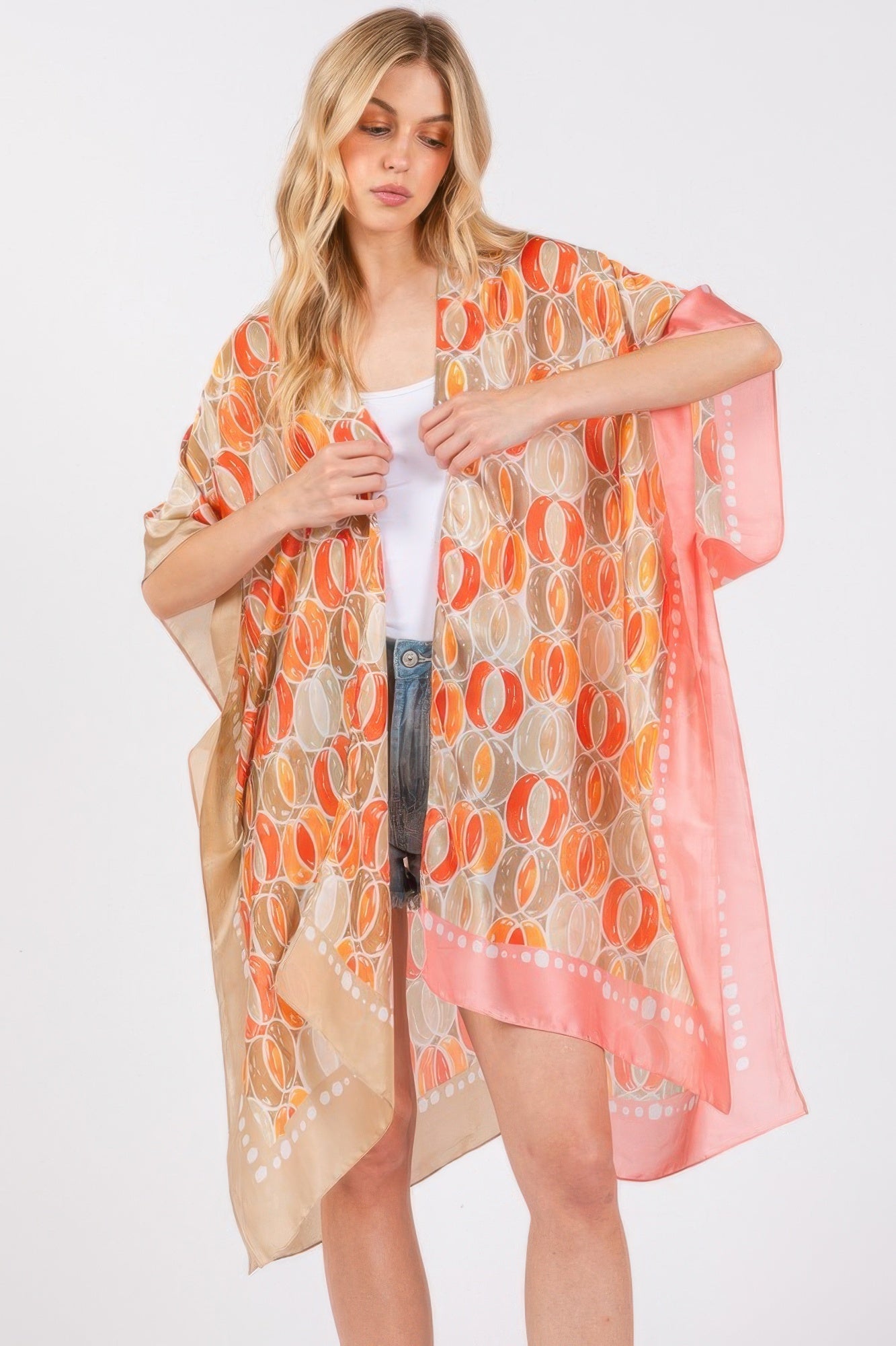 Two Tones Trim Abstract Print Silky Feel Kimono - Tigbul's Variety Fashion Shop