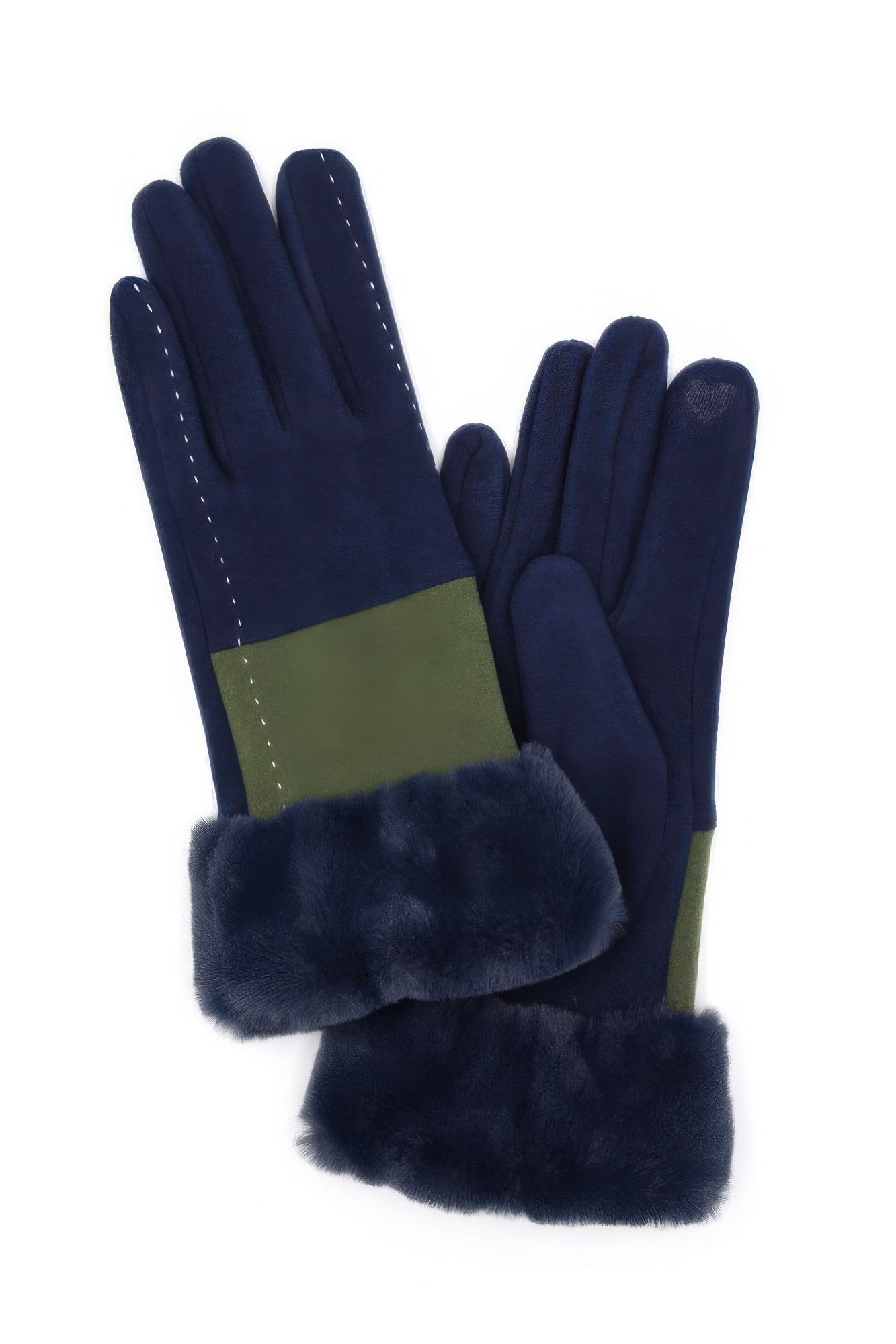 Navy two-tone faux-fur smart-touch gloves with stitched fingers and plush cuff trim.
