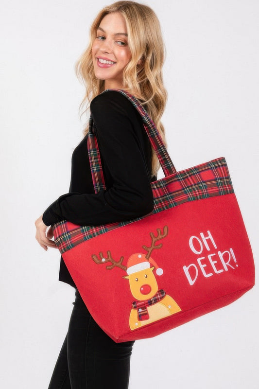 Oh Deer Letter Reindeer Christmas Tote Bag - Tigbul's Variety Fashion Shop