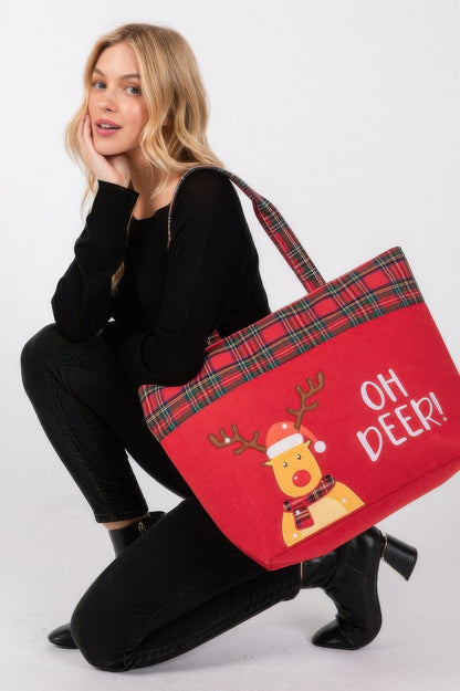 Oh Deer Letter Reindeer Christmas Tote Bag - Tigbul's Variety Fashion Shop