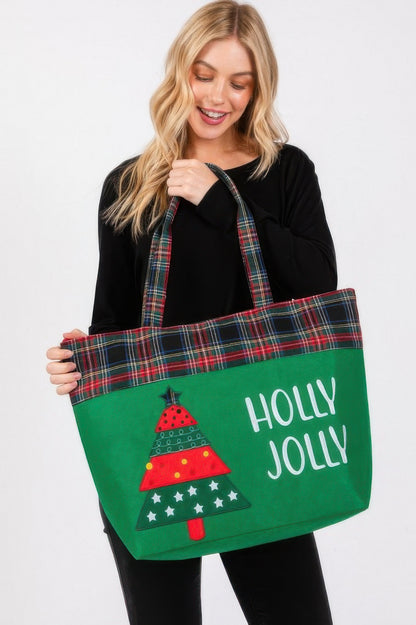 Holly Jolly Letter Christmastree Christmas Totebag - Tigbul's Variety Fashion Shop