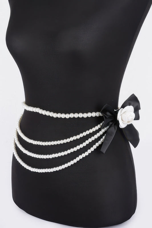 Layered Faux Pearl Flower Ribbon Belt - Tigbul's Variety Fashion Shop