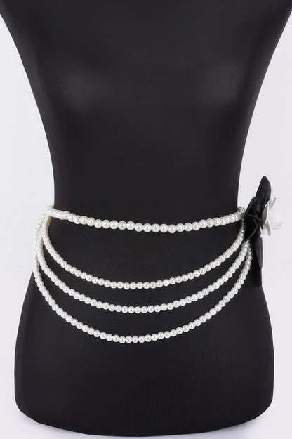 Layered Faux Pearl Flower Ribbon Belt - Tigbul's Variety Fashion Shop