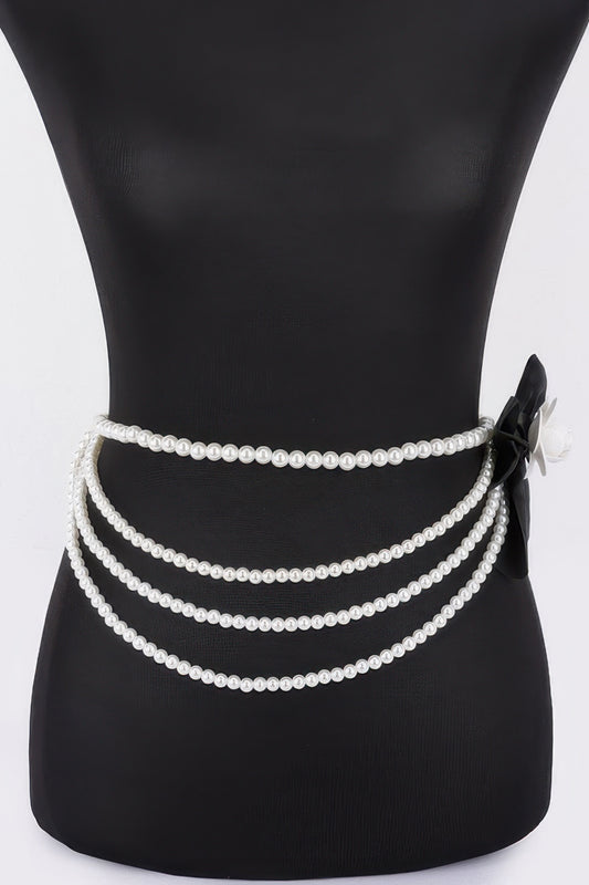 Layered Faux Pearl Flower Ribbon Belt - Tigbul's Variety Fashion Shop
