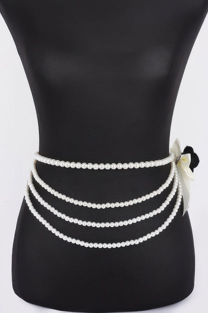 Layered Faux Pearl Flower Ribbon Belt - Tigbul's Variety Fashion Shop