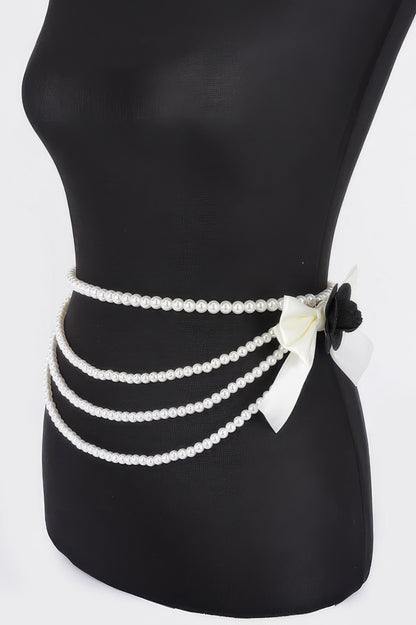 Layered Faux Pearl Flower Ribbon Belt - Tigbul's Variety Fashion Shop