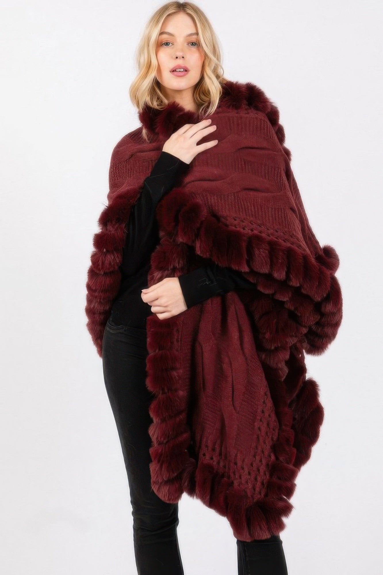 Faux Fur Collar And Trim Cape With Closure - Tigbul's Variety Fashion Shop