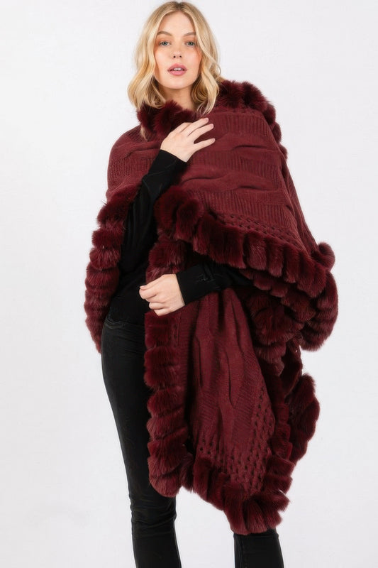 Faux Fur Collar And Trim Cape With Closure - Tigbul's Variety Fashion Shop