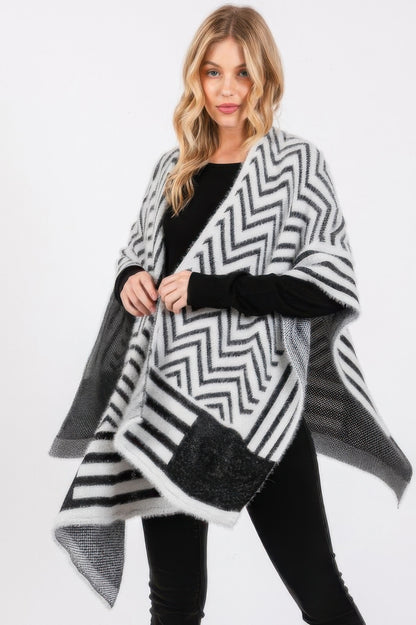 Fuzzy Chevron Pattern Ruana - Tigbul's Variety Fashion Shop