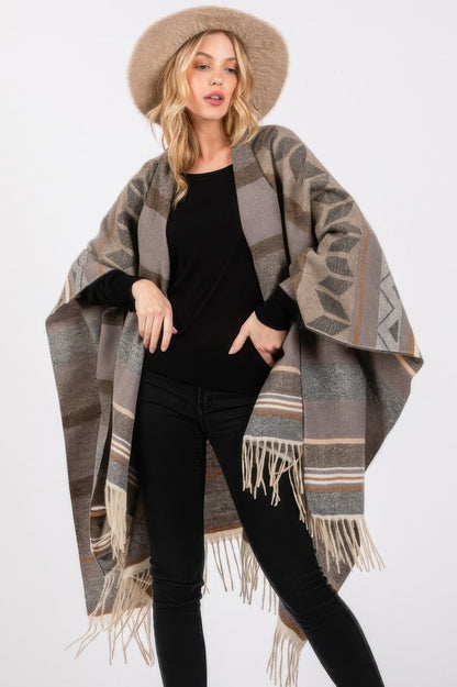 Aztec Pattern Fringe Ruana - Tigbul's Variety Fashion Shop