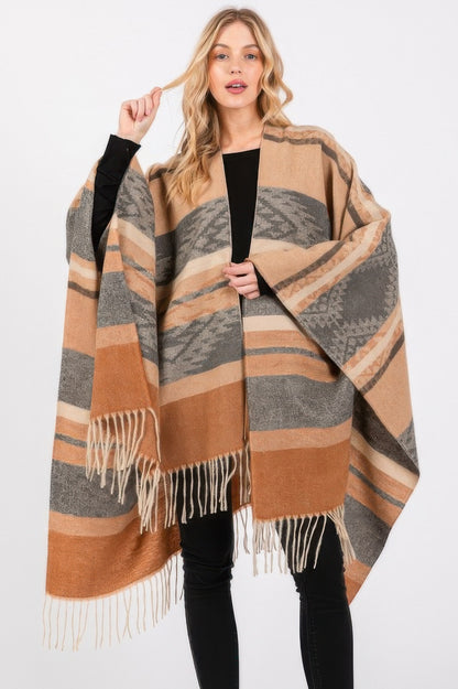 Aztec Pattern Fringe Ruana - Tigbul's Variety Fashion Shop