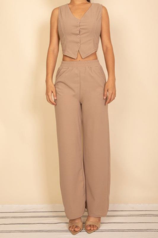 Tailored Button Vest With Adjustable Back Tie & Wide Leg Pants Set - Tigbul's Variety Fashion Shop