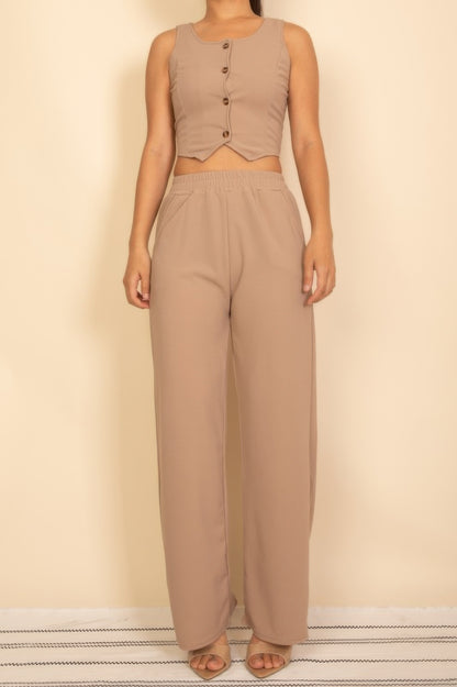 Scoop Neck Button Vest & Wide Leg Pants Set - Tigbul's Variety Fashion Shop