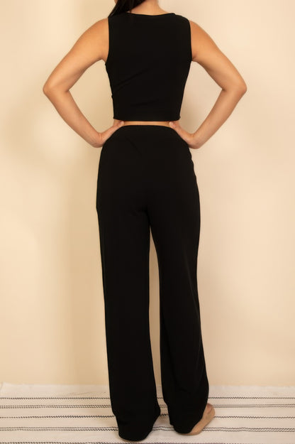 Scoop Neck Button Vest & Wide Leg Pants Set - Tigbul's Variety Fashion Shop