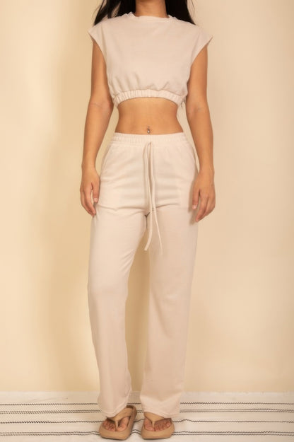 Elastic Hem Crop Top & Wide Leg Pants Set With Faux Drawstring - Tigbul's Variety Fashion Shop